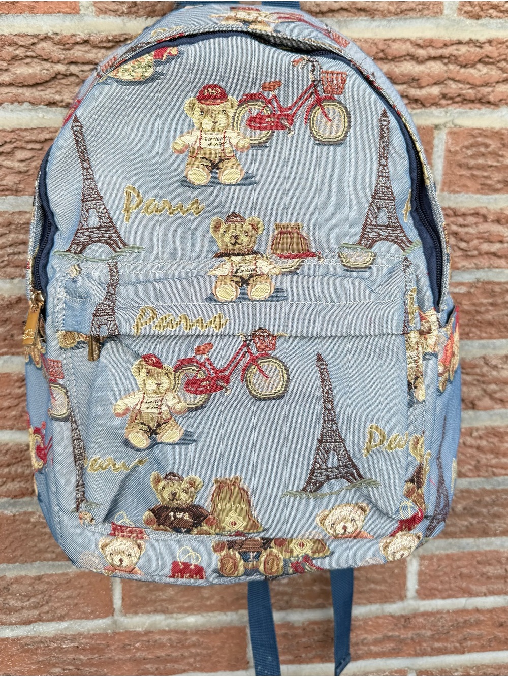 Signare Tapestry Paris Teddy Bear Daypack Backpack Blue Cottagecore Novelty
